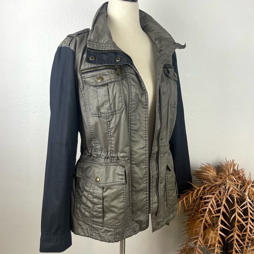 Michael Kors Army & Black Waxed Cotton Field Utility Jacket w Retractable Hood
